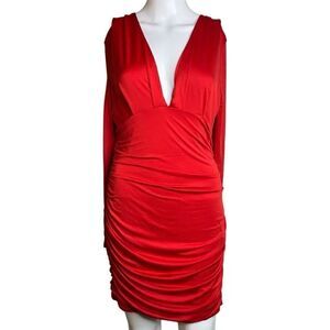 Plunging V Neck Ruched Cocktail Dress Red Size Large